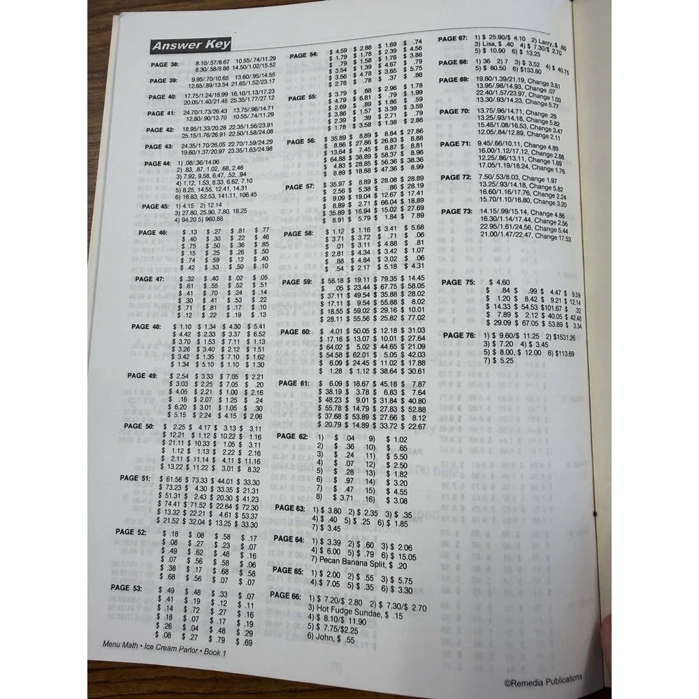 Menu‎ Math Old-Fashioned Ice Cream Parlor Grades 3-6 Workbook Remedia REM101A**
